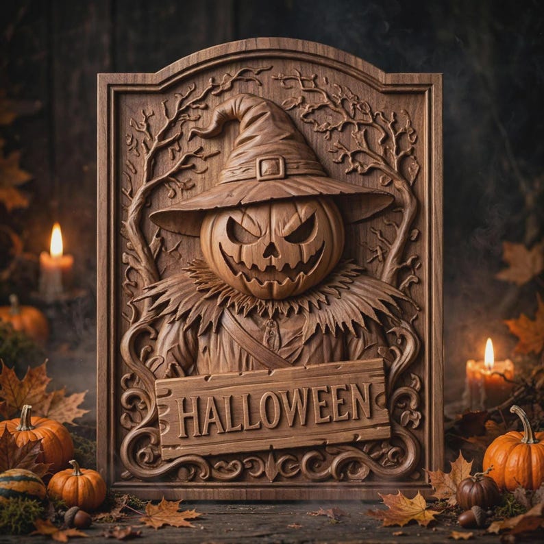 Smiling scarecrow pumpkin head panel, hat and carved HALLOWEEN text, rustic wood-carving model for CNC routing