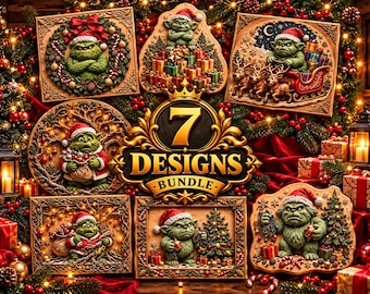 May include: A digital collection of seven Christmas-themed illustrations featuring a green creature in various festive scenes, including a wreath, a sleigh with reindeer, and gift piles, centered around the text 7 DESIGNS BUNDLE.