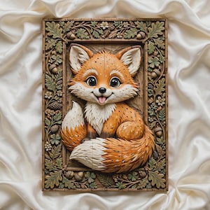 Baby Fox Cub 3D Relief STL File | Cute Fox with Fluffy Tail STL | Forest Animal Portrait | CNC Router File | 3D Wood Carving Model