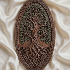 May include: An oval wooden wall plaque featuring a detailed relief carving of a tree with intertwined roots and branches. The tree trunk and roots are a deep brown, while the numerous small leaves are painted in a muted sage green color.