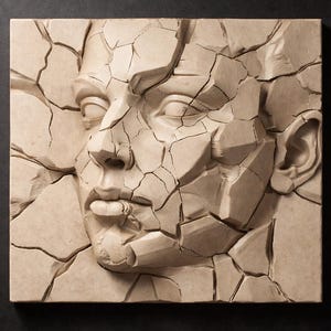 Può includere: Scultura a rilievo quadrata beige di un volto umano, che sembra rompersi con crepe sulla superficie. Il volto è centrato, con naso, labbra e occhi visibili. La scultura è posta su uno sfondo scuro.