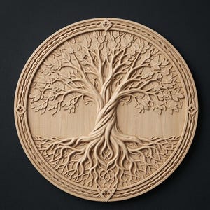 May include: A circular wooden wall art piece with a detailed carving of a tree. The tree has a twisted trunk, branches with leaves, and intricate roots. The design is framed by a decorative border.