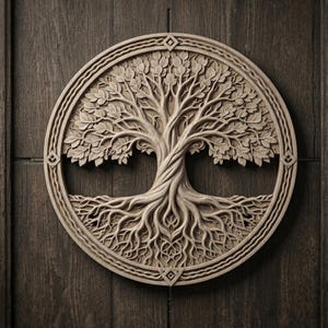 Puede incluir: Escultura circular de madera de un árbol con detalles intrincados. El árbol presenta un tronco retorcido, ramas frondosas y raíces extendidas, todo dentro de un borde decorativo. La talla es en un tono de madera natural.