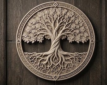 May include: A circular wooden wall art piece featuring an intricate relief carving of a tree with expansive branches and visible roots. The design is enclosed within a decorative border with geometric accents, showcasing natural light wood tones.
