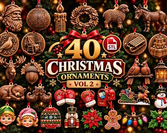 May include: A collection of 40 Christmas ornaments featuring various designs including Santa, animals, holiday symbols, and festive icons. The central text reads 40 CHRISTMAS ORNAMENTS VOL 2 with an STL file icon. The ornaments are rendered in wood-like textures and vibrant colors.