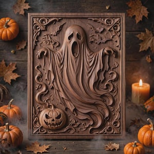Flowing ghost relief with curling drapery and pumpkins, high-relief carving detail, halloween stl bundle element