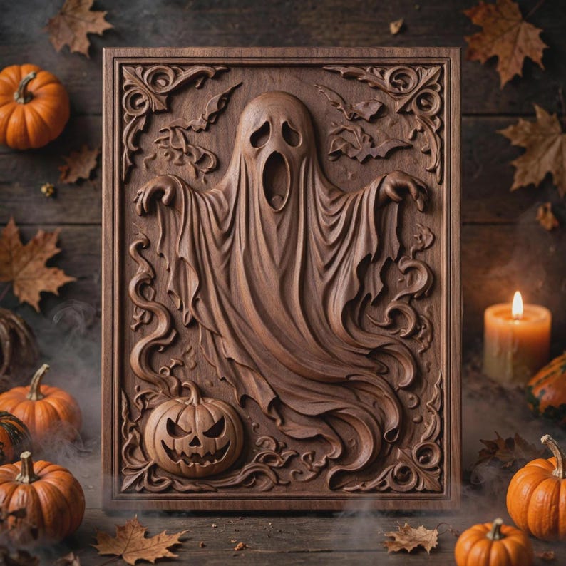 Flowing ghost relief with curling drapery and pumpkins, high-relief carving detail, halloween stl bundle element