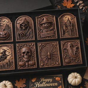 Grid of small rectangular carved plaques on a tray, rich brown wood texture, halloween stl bundle vibe