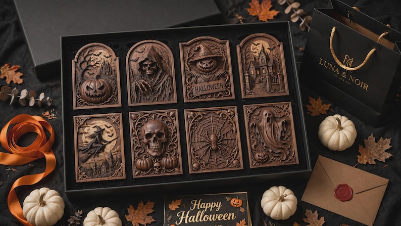 Grid of small rectangular carved plaques on a tray, rich brown wood texture, halloween stl bundle vibe