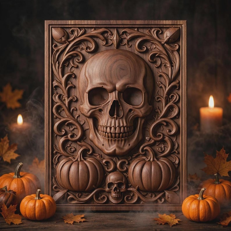 Skull portrait plaque framed by pumpkins and foliage, deep gothic carving, ideal grim reaper stl or cnc files