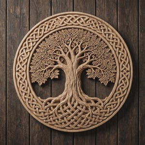 May include: A circular wooden wall carving featuring a detailed tree with intricate branches and leaves. The tree is enclosed within a decorative border of woven knotwork patterns. The natural light brown wood grain is visible throughout the piece.