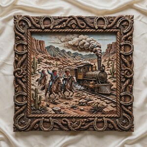 Archivo STL de robo de tren del Oeste / Archivo para fresadora CNC de relieve 3D de caballo vaquero / Descarga digital de arte mural del Salvaje Oeste