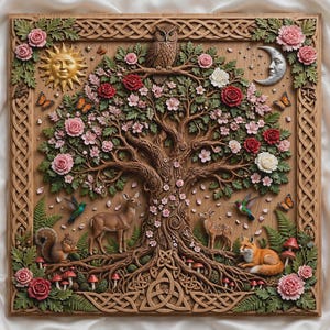 May include: A square wooden wall plaque featuring a detailed relief carving of a central tree with pink and red flowers, green leaves, and an owl perched on top. The scene includes a sun, moon, deer, squirrel, fox, hummingbirds, and butterflies.