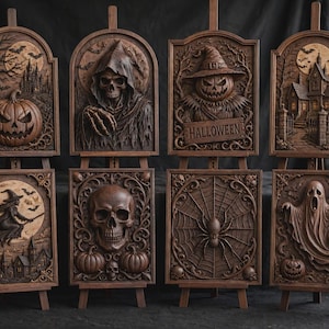 Vertical easel display of tall carved plaques, skull centerpiece and witch panels, detailed 3D relief carving file