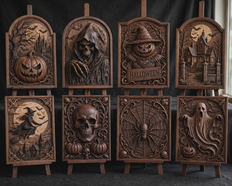 Vertical easel display of tall carved plaques, skull centerpiece and witch panels, detailed 3D relief carving file