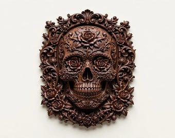 May include: A dark brown wooden wall plaque featuring a highly detailed relief carving of a human skull. The skull is adorned with carved roses in the eye sockets and forehead, surrounded by an ornate, intricate frame of scrolling floral vines.