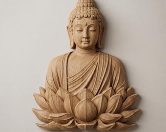 May include: A wooden Buddha sculpture with closed eyes, seated atop a lotus flower. The sculpture is carved from light-colored wood, showcasing intricate details in the robes, face, and lotus petals. The Buddha's serene expression and the lotus flower suggest peace and meditation.