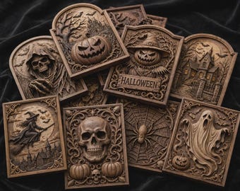 Halloween CNC relief STL bundle, Spooky wall art for gothic decor, Digital download carving files