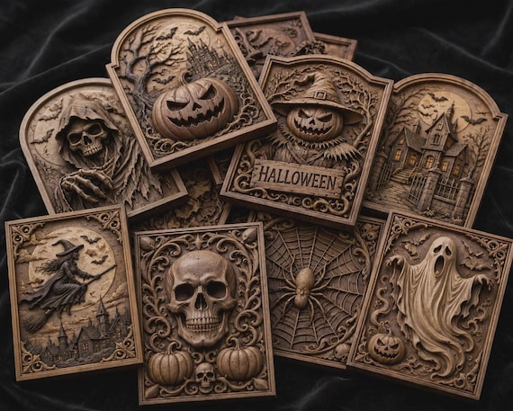 Halloween CNC relief STL bundle, Spooky wall art for gothic decor, Digital download carving files