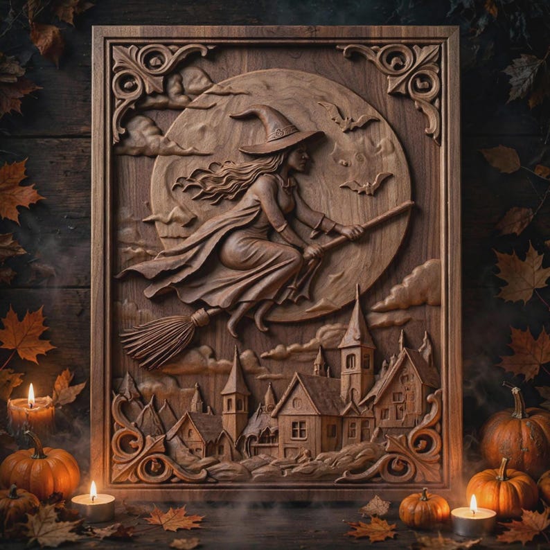 Tall panel of a witch flying above a moonlit village, deep layered carving, witch relief stl ready for CNC