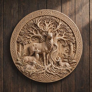 May include: A circular wooden wall plaque featuring a detailed relief carving of a stag standing beneath a large tree, accompanied by three smaller deer resting on the forest floor, all enclosed within an intricate woven Celtic knot border.