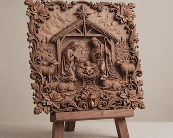 Krippenszene STL-Datei: Heilige Familie 3D-Relief Weihnachtswandbild (Digitaler Download)