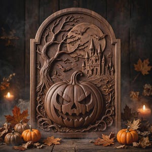 Arched pumpkin panel with looming castle silhouette, heavy antique wood grain, pumpkin cnc design for carving