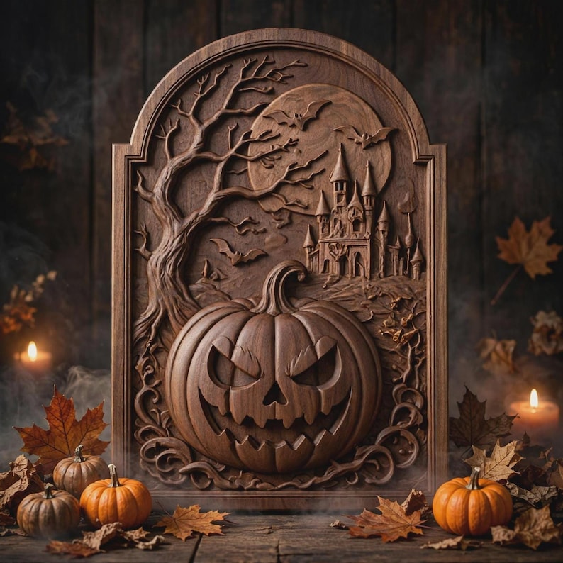 Arched pumpkin panel with looming castle silhouette, heavy antique wood grain, pumpkin cnc design for carving