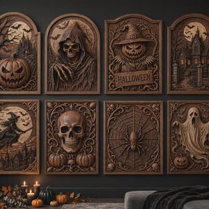 Wide wall of assorted carved plaques in two rows, varied Halloween motifs, pumpkin cnc design and skulls