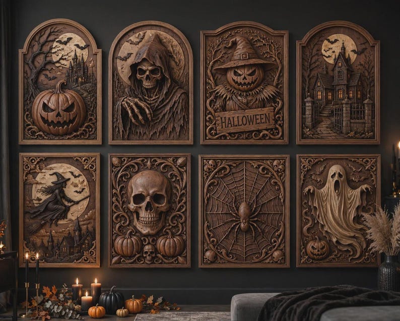 Wide wall of assorted carved plaques in two rows, varied Halloween motifs, pumpkin cnc design and skulls