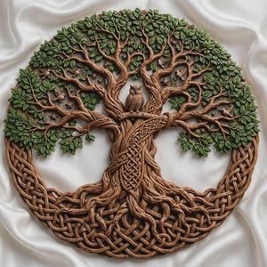 May include: A circular wall plaque featuring a brown tree with intricate, interwoven roots forming a Celtic knot border. The tree has detailed green leaves, small birds perched on the branches, and a central owl sitting on a thick branch.