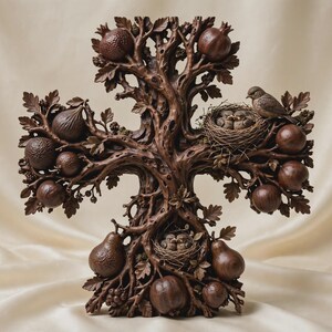 May include: A dark brown, cross-shaped sculpture featuring an intricate tree design. The branches are adorned with various fruits, including pomegranates and pears, alongside two bird nests containing small birds and detailed oak leaves.
