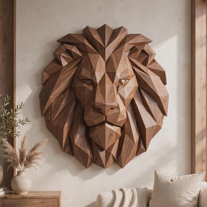 Low poly lion wall art STL, CNC router files for geometric decor, Instant digital download