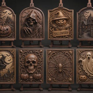 Two-tier easel display of framed reliefs, witches, ghosts and ornate borders, halloween wood carving model set