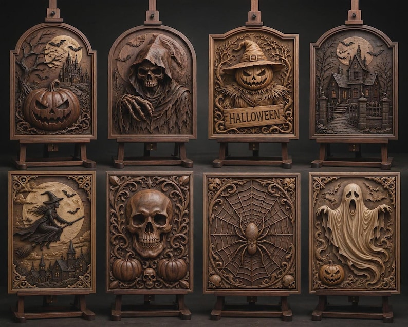 Two-tier easel display of framed reliefs, witches, ghosts and ornate borders, halloween wood carving model set