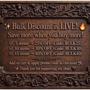 Rectangular ornate plaque with carved discount text and filigree border, promo for Halloween CNC relief STL bundle