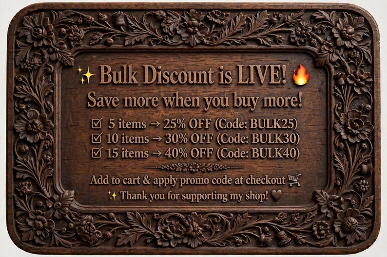 Rectangular ornate plaque with carved discount text and filigree border, promo for Halloween CNC relief STL bundle