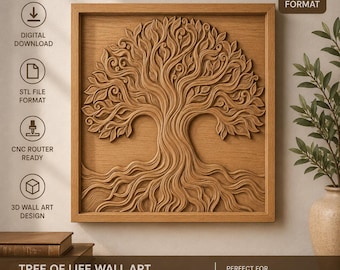 May include: A square wooden wall art panel featuring a detailed relief carving of a tree of life with intricate branches and roots. The design is presented as a digital download in STL format for CNC routers, labeled with text including STL FORMAT.