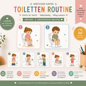 Toalettrutinskort för barn | Montessori-toalettträning | 12 rutinkort för flickor och pojkar | Badrumsrutin | Ladda ner PDF PNG