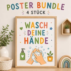 Paquete de pósteres sobre lavado de manos | Póster Montessori para el baño para niños | Juego de 4 pósteres para el baño | Póster de higiene | Descarga imprimible A4