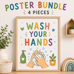 Bundel met herinneringen voor handen wassen | Badkamerposters voor kinderen | 4 printbare hygiënebordjes | Montessori-badkamer | Poster 'Was je handen' | Downloaden