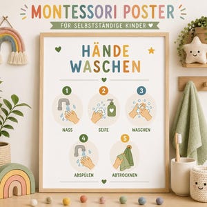 Op de afbeelding: Een ingelijste educatieve poster met de titel HÄNDE WASCHEN, voorzien van vijf genummerde stappen voor het wassen van handen. De afbeelding bevat illustraties van een kraan, zeepdispenser en handen, met de teksten NASS, SEIFE, WASCHEN, ABSPÜLEN, ABTROCKNEN.