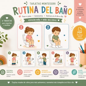 May include: A set of six printable Montessori bathroom routine cards featuring colorful illustrations of children performing hygiene tasks. The cards include numbered steps from one to six, showing actions like using the toilet, washing hands, and flushing.