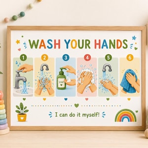 May include: A framed educational poster titled WASH YOUR HANDS featuring six numbered steps for handwashing. The illustration shows a faucet, soap, lathering, rinsing, and drying with a blue towel. The text I can do it myself appears below.