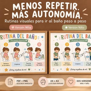 Puede incluir: Dos cuadros con rutinas visuales para ir al baño con pasos numerados del uno al cinco, mostrando ilustraciones de un niño usando el inodoro y lavándose las manos. El texto dice 'MENOS REPETIR. MÁS AUTONOMÍA. Rutinas visuales para ir al baño paso a paso'.