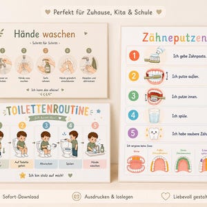 Könnte beinhalten: Drei pädagogische Poster mit Schritt-für-Schritt-Hygieneroutinen. Ein horizontales Poster zeigt das Händewaschen, ein weiteres die Toilettenroutine und ein vertikales Poster illustriert die fünf Schritte des Zähneputzens mit bunten Symbolen.