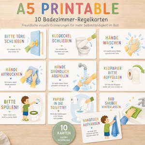 Könnte beinhalten: Ein Set aus zehn A5-druckbaren Badezimmer-Regelkarten mit farbenfrohen Illustrationen und deutschem Text. Jede Karte zeigt eine Hygienemaßnahme wie Händewaschen, Toilettenspülung oder Deckelschließen, begleitet von einfachen, freundlichen Grafiken.