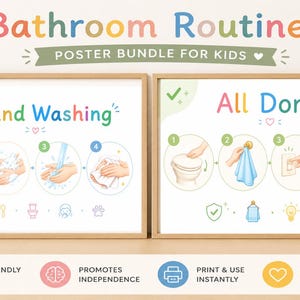 Paquete de rutinas para el baño para niños | Póster de lavado de manos + Reglas para el baño | Lámina Montessori para el baño | Horario visual para el baño