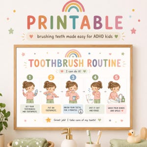 Könnte beinhalten: Ein druckbares Zahnputz-Routine-Poster mit fünf illustrierten Schritten für Kinder. Das Plakat zeigt einen Regenbogen, Sterne und Text, darunter "TOOTHBRUSH ROUTINE", "I can do it!" und "Great job! I take care of my teeth!" in Pastellfarben.
