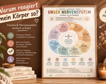 May include: A framed A4 educational poster titled Unser Nervensystem with a circular diagram explaining trauma and the nervous system. The poster features pastel-colored sections, German text, and icons, presented in a light wood frame on a desk.